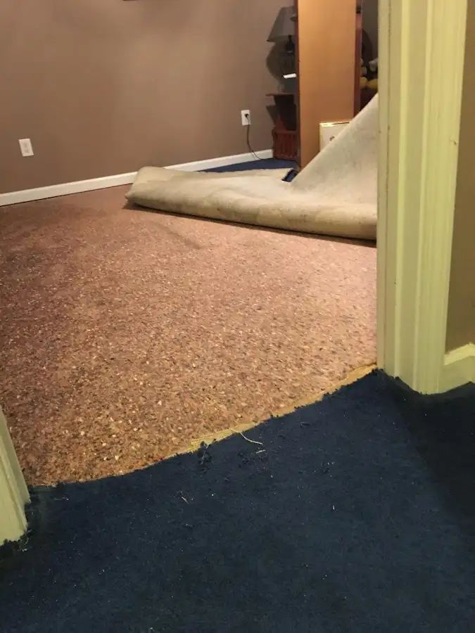 Carpet pad removal revealing water damage during Water Mitigation Services in Burtonsville