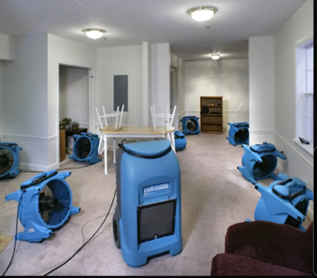Air movers and dehumidifier setup for Water Damage Restoration in Burtonsville